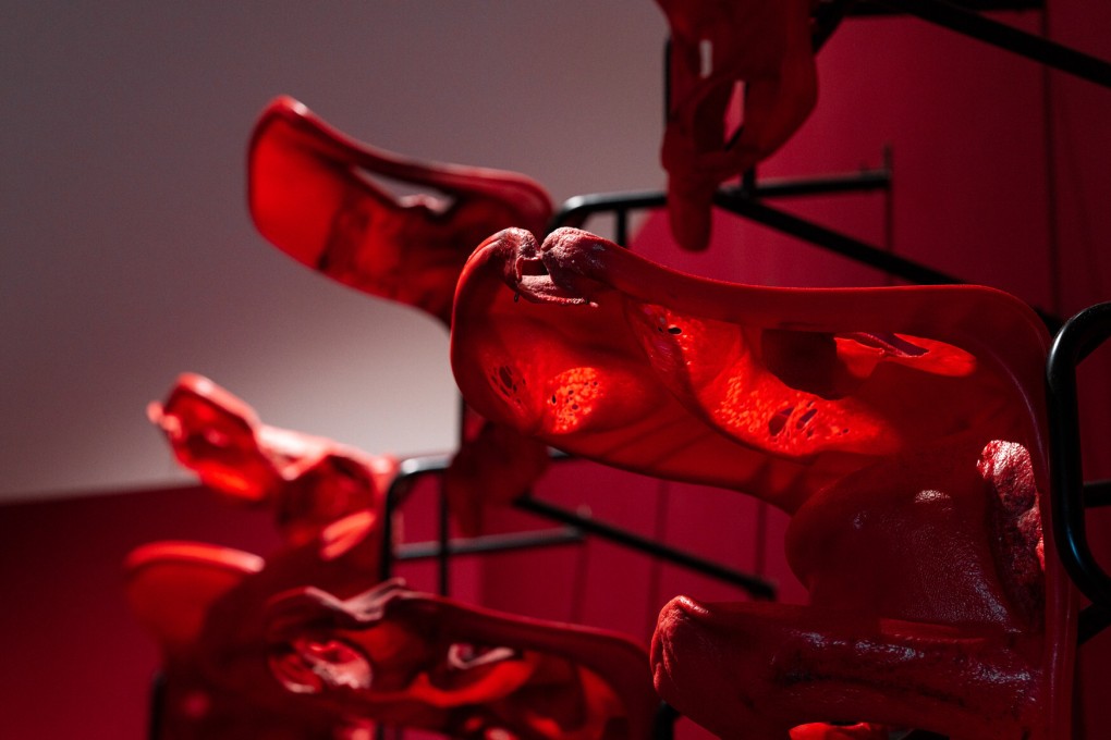 Detail from Infinite Happiness (with Gratitude) (2022), by Ocean Leung, formed from stackable plastic chairs, is one of the exhibits in “Double Vision” at Tai Kwun. Photo: Tai Kwun Contemporary