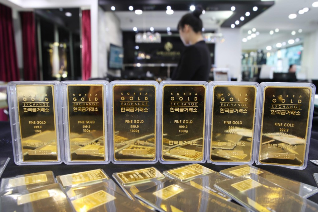 Gold bars are displayed at the Korea Gold Exchange in Seoul, South Korea, in January 2017. The price of gold has increased by around US$100 per ounce since the start of the year. Photo: EPA