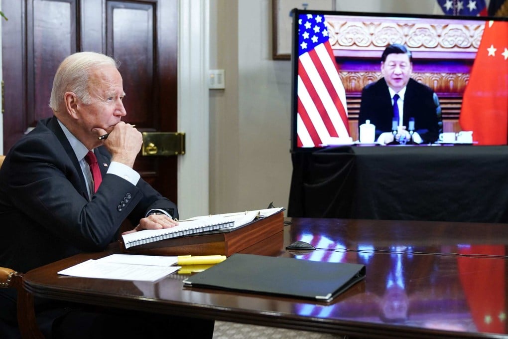 US President Joe Biden meets President Xi Jinping during a virtual summit from the Roosevelt Room of the White House in Washington on November 15, 2021. Photo: AFP
