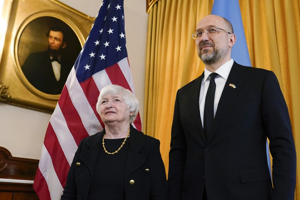 US Treasury Secretary Janet Yellen and Ukrainian Prime Minister Denys Shmyhal meet at the Treasury Department in Washington on April 21. US sanctions on Russia include freezing the country’s foreign exchange reserves. Photo: AP