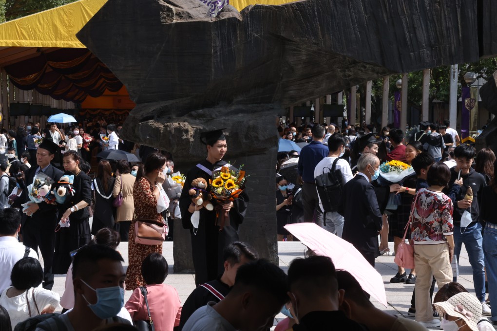 People congregate to celebrate graduating students at the Chinese University of Hong Kong’s New Asia College, on November 4, 2021. Photo: K. Y. Cheng