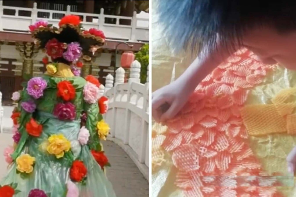 Woman uses plastic bags, leftover fabrics and household scraps to make elaborate Chinese Imperial court dresses. Photo: Handout