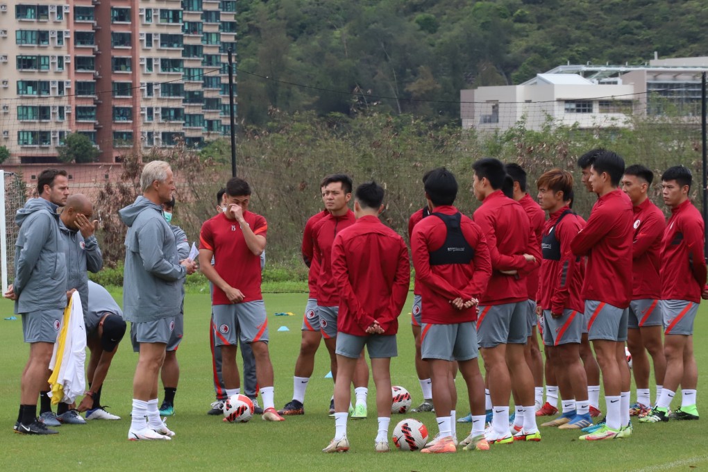 Jorn Andersen talks to the players in their first training session at Tseung Kwan O Football Training Centre. Photo: Chan Kin-wa
