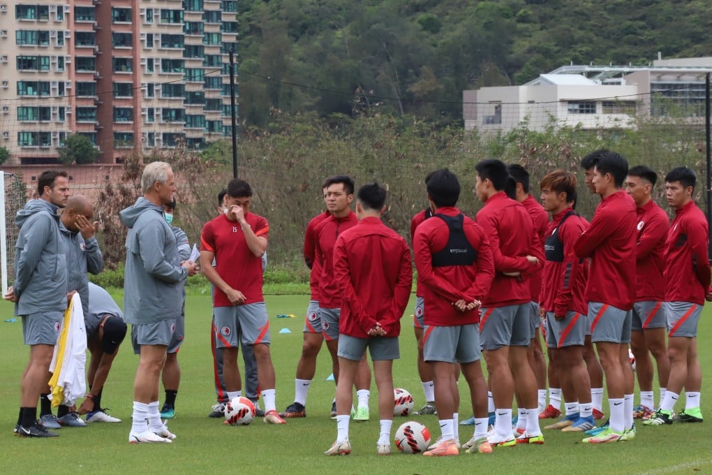 Jorn Andersen talks to the players in their first training session at Tseung Kwan O Football Training Centre. Photo: Chan Kin-wa