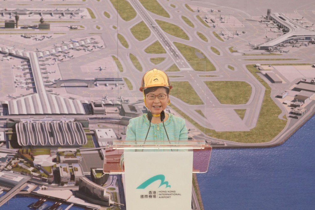 Chief Executive Carrie Lam speaks at Hong Kong airport at a ceremony marking the completion of work on the tarmac of the third runway on September 7, 2021. Photo: Winson Wong