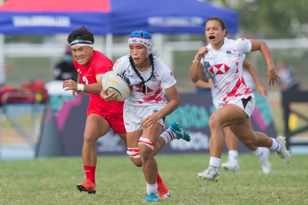 Hong Kong women’s co-captain Melody Li Nim-yan opens the China defence for the team at the Asia Rugby Sevens Series. Photo: Asia Rugby