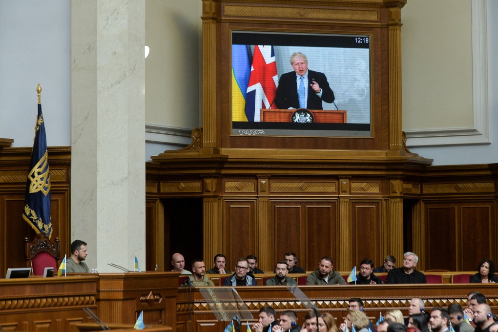 Ukraine’s President Volodymyr Zelenskiy attends a session of a parliament while British Prime Minister Boris Johnson addresses Ukrainian lawmakers via videolink, as Russia’s attack on Ukraine continues, in Kyiv, Ukraine on Tuesday. Photo: Reuters