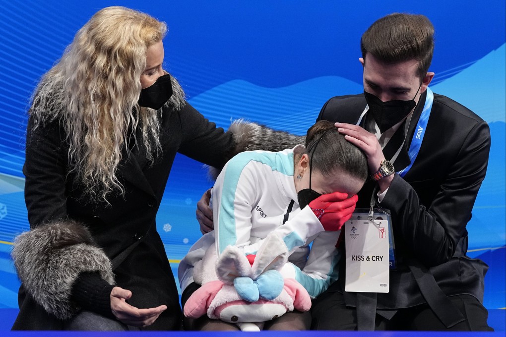 Kamila Valieva of the Russian Olympic Committee reacts after competing in the women’s free skate programme at the 2022 Winter Olympics in Beijing. Photo: AP