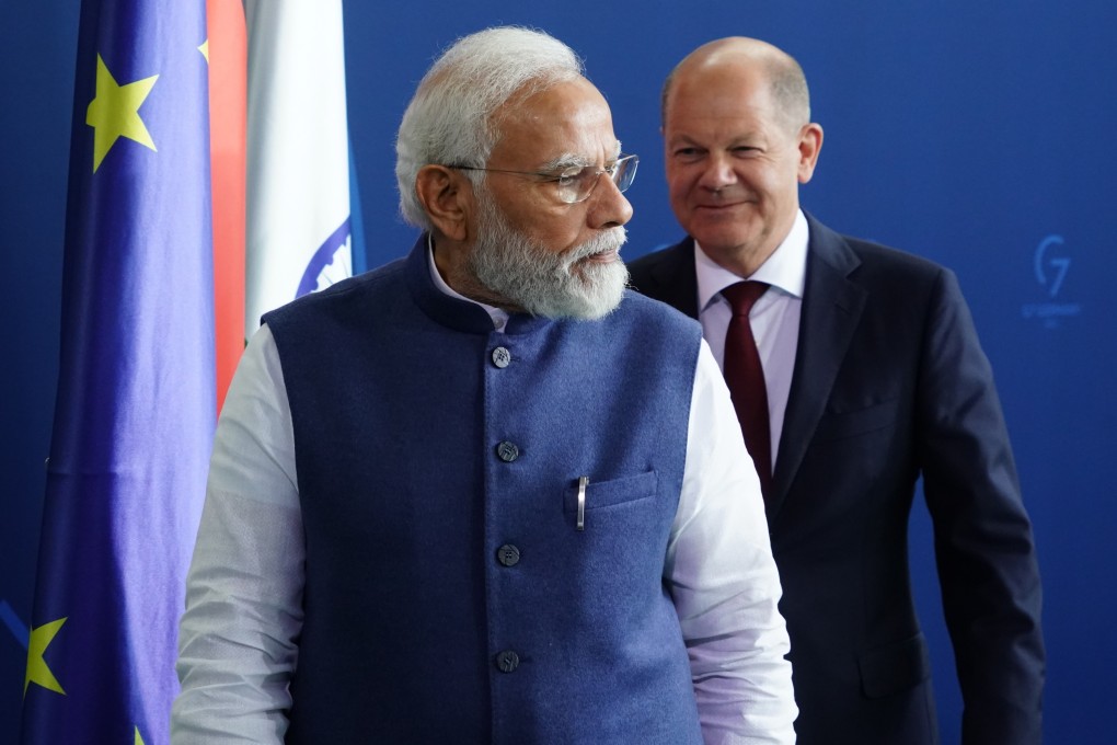 Indian Prime Minister Narendra Modi and German Chancellor Olaf Scholz leave after a press statement at the Chancellery in Berlin on Monday. Photo: EPA-EFE