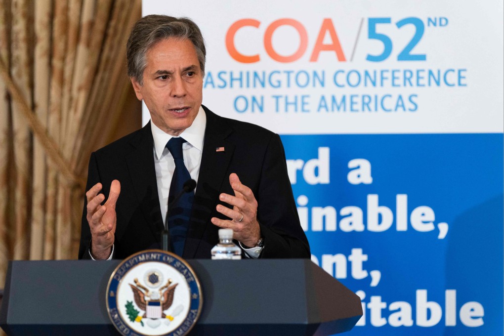 Secretary of State Antony Blinken speaks at the 52nd annual Conference on the Americas luncheon at the State Department, on Tuesday in Washington. Photo: AFP