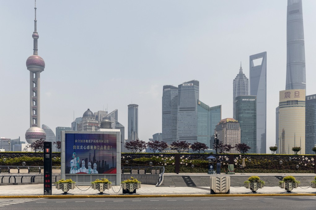 A screen displays a thank you message for healthcare workers in Shanghai’s Bund. Photo: Bloomberg