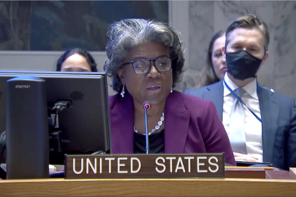 US Ambassador to the United Nations Linda Thomas-Greenfield, shown during a Security Council meeting on April 11, said Tuesday that Washington’s agenda for the next month included the continuing isolation of Russia. Photo: UNTV via AP