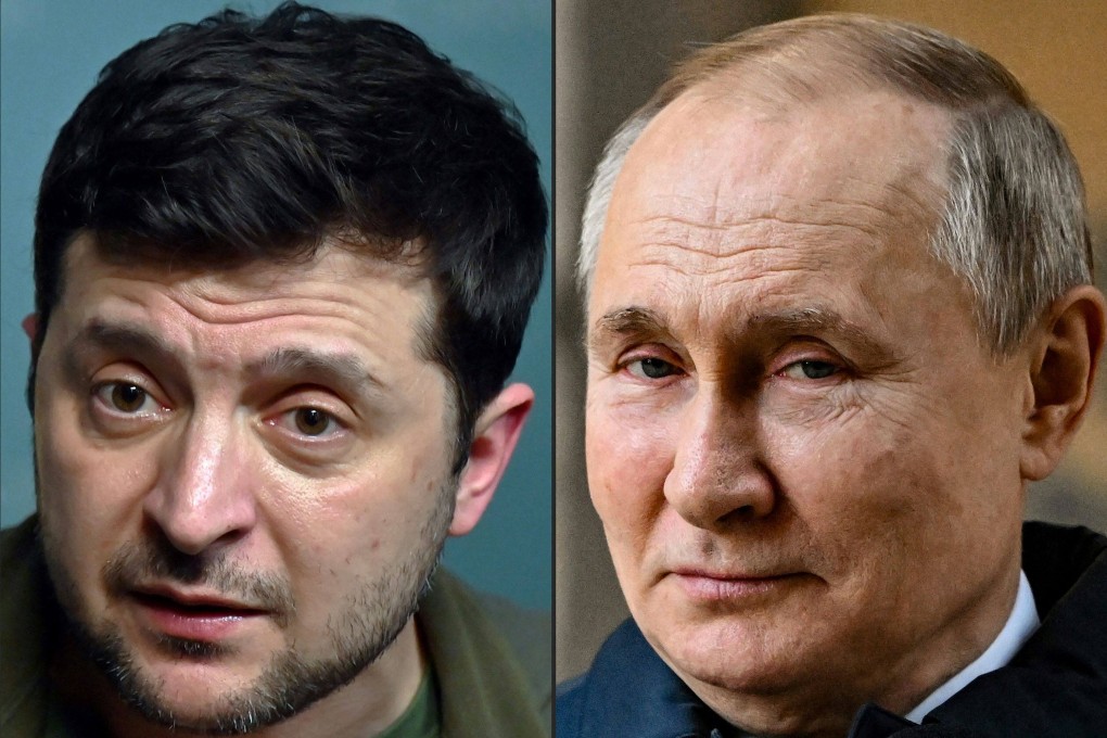 This combination of file picture shows Ukrainian President Volodymyr Zelensky (L) during a press conference in Kyiv on March 3, 2022; and Russian President Vladimir Putin (R) at the National Space Centre construction site in Moscow on February 27, 2022. Photo: AFP