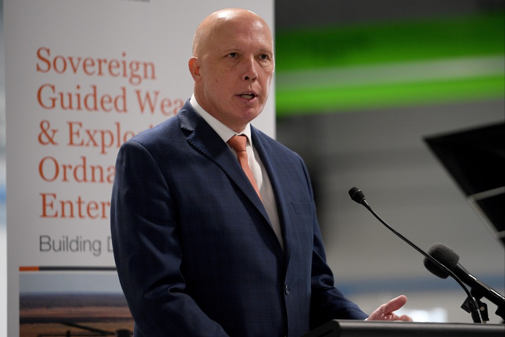 Australian Defence Minister Peter Dutton addresses industry representatives during the opening of the Navy Guided Weapons Maintenance Facility in Western Sydney, Australia, in April. Photo: EPA-EFE