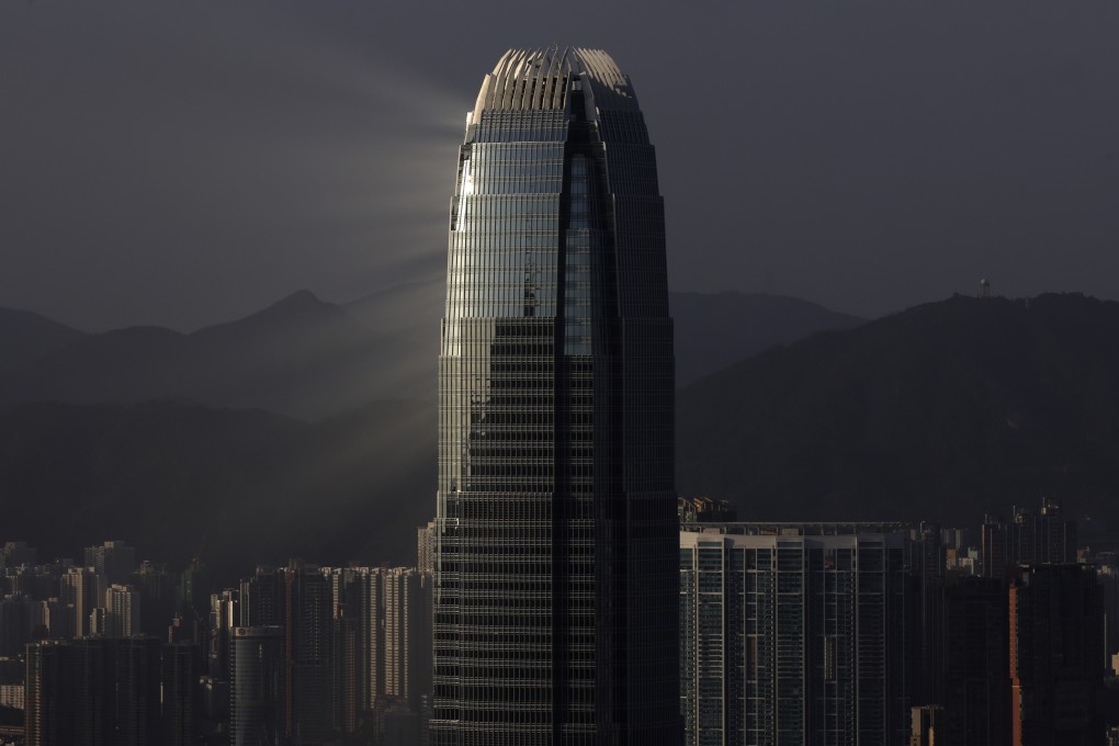 Light rays emerge from the International Finance Centre in Hong Kong’s Central business district in October 2021. Photo: Nora Tam