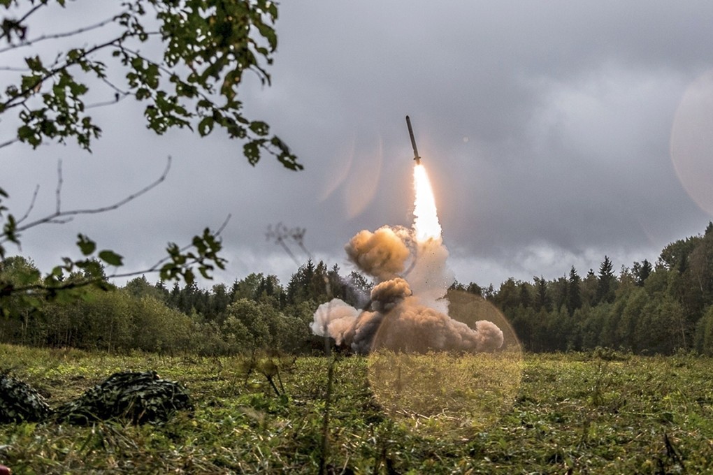 A Russian Iskander-K missile is launched during a military exercise at the Luzhsky Range, near St. Petersburg, Russia in an undated file image released in September 2017. Photo: Russian Defence Ministry Press Service via AP
