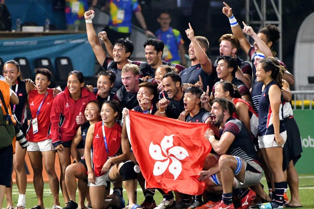 The Hong Kong men’s rugby sevens team celebrate their gold medal at the 2018 Asian Games in Jakarta. Photo: AFP