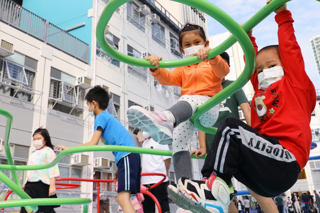 Children climb on the playground at the Tenacity Residence in Cheung Sha Wan on May 3. The incoming administration would do well to see Hong Kong’s low birth rate as an indicator of social ills that need fixing rather than the problem in itself. Photo: Dickson Lee