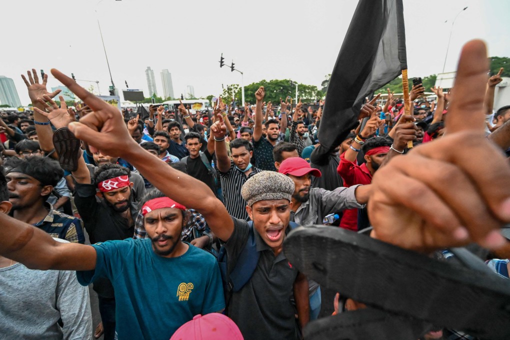 University students shout slogans during a demonstration in Sri Lanka on Thursday demanding the resignation of President Gotabaya Rajapaksa over the country’s crippling economic crisis. Photo: AFP
