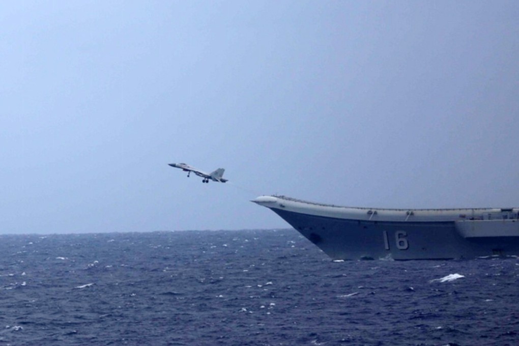 A jet takes off from the Chinese aircraft carrier Liaoning on Tuesday, monitored by Japanese forces. Photo: Weibo