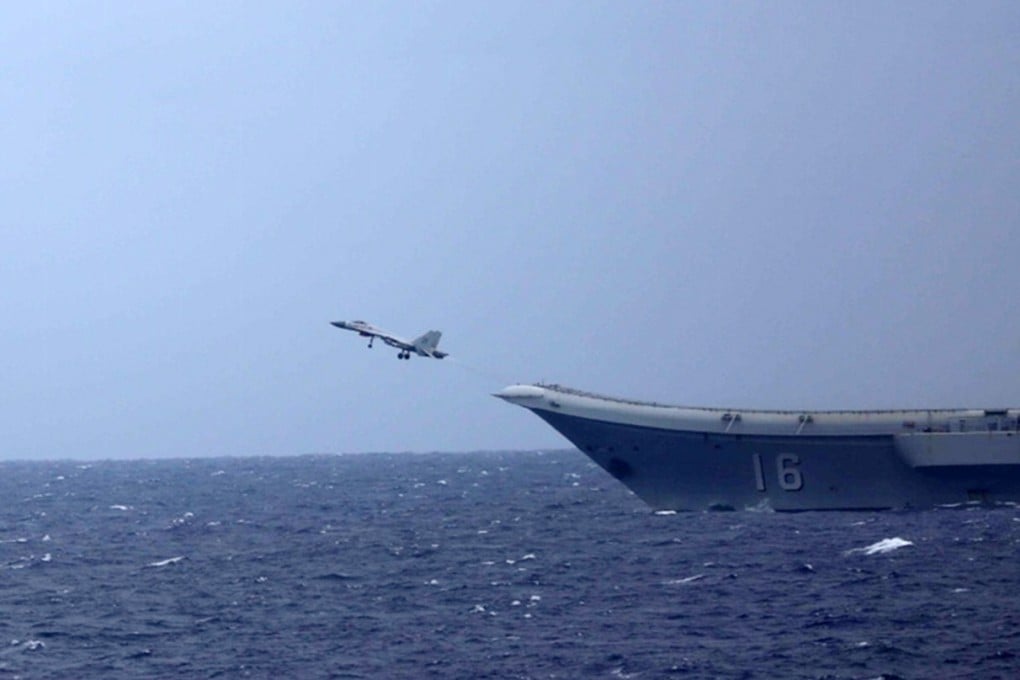 A jet takes off from the Chinese aircraft carrier Liaoning on Tuesday, monitored by Japanese forces. Photo: Weibo