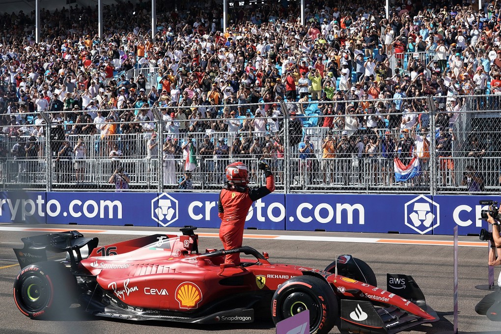 Ferrari’s Charles Leclerc waves to spectators after qualifying on pole ahead of the Miami Grand Prix. Photo: DPA