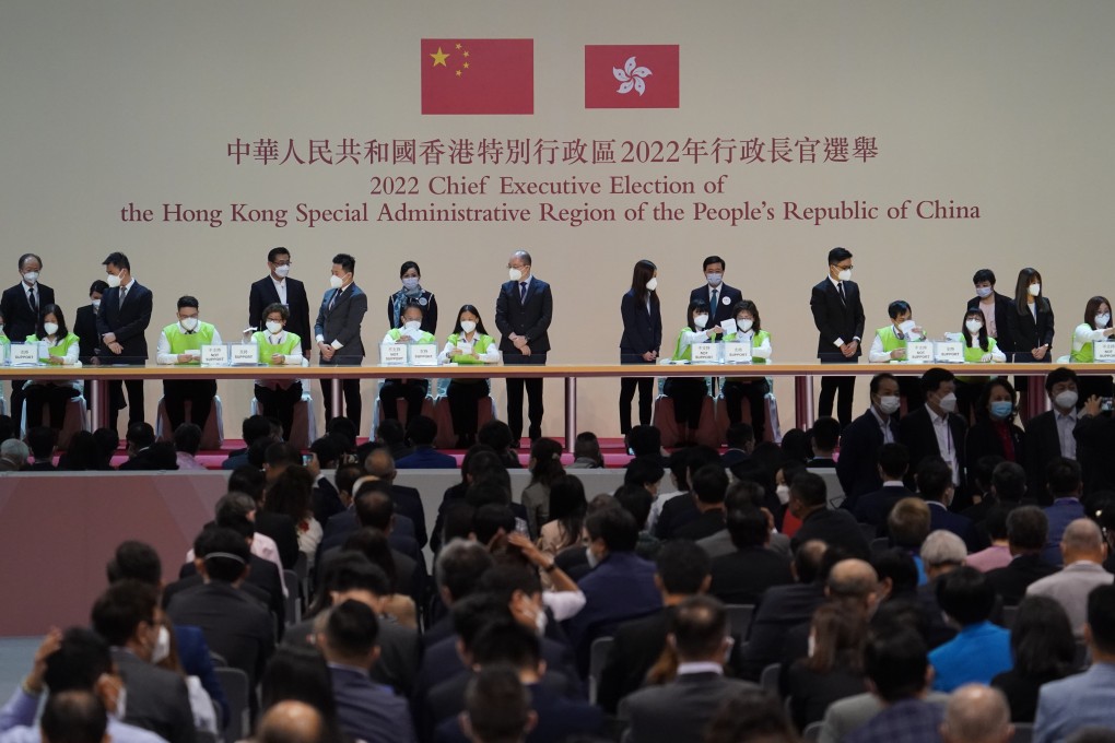 Chief Executive elect John Lee Ka-chiu stands on stage at the Chief Executive Election. Photo: Sam Tsang