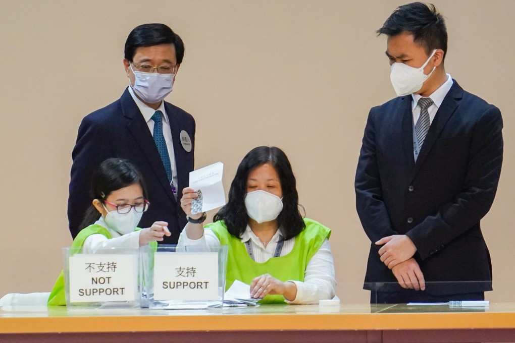 John Lee watches as the ballots for the chief executive poll are tallied on Sunday. Photo: Sam Tsang