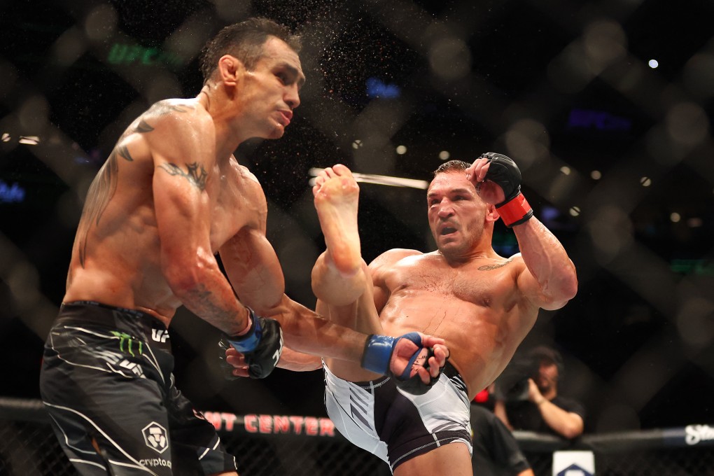 Michael Chandler kicks Tony Ferguson for the knockout win at UFC 274. Photo: USA TODAY Sports