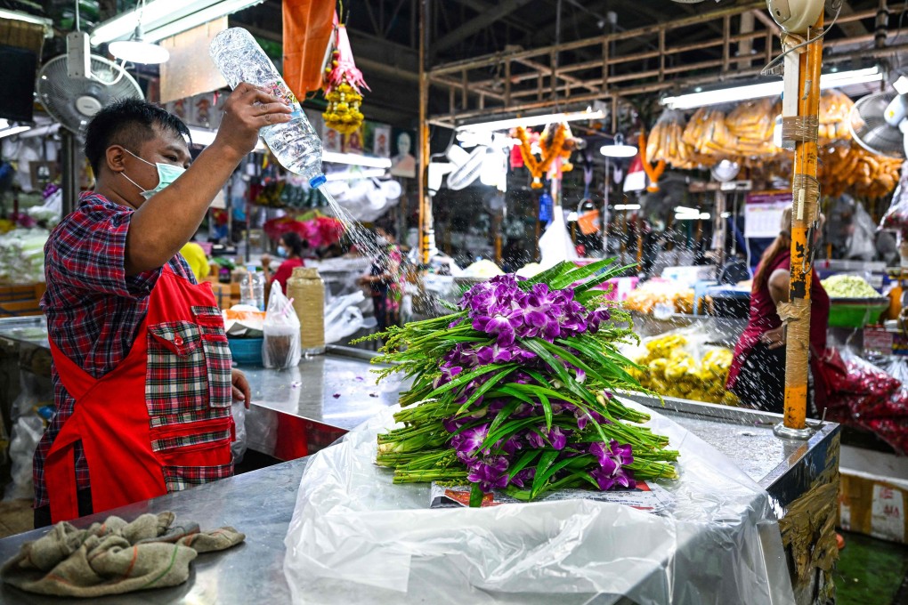 A vendor waters bouquets of orchids at a wholesale flower market in Bangkok. Thailand is the world’s largest exporter of orchids, but the pandemic has seen one in five farms shut recently. Photo: AFP