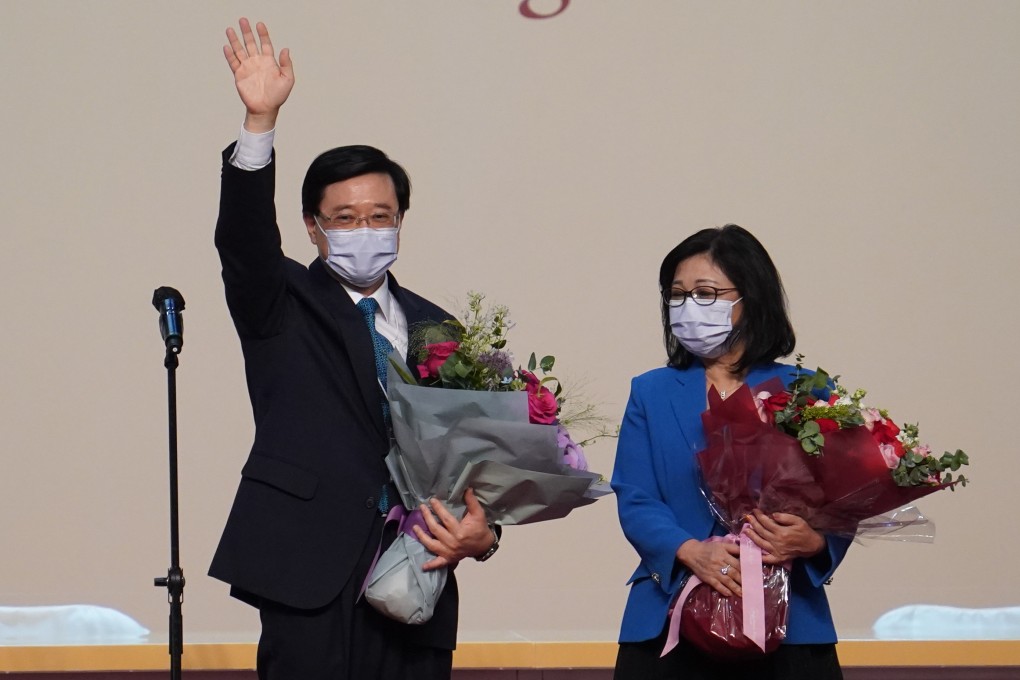 Chief Executive elect John Lee Ka-chiu stands on stage at the Chief Executive Election. Photo: Sam Tsang