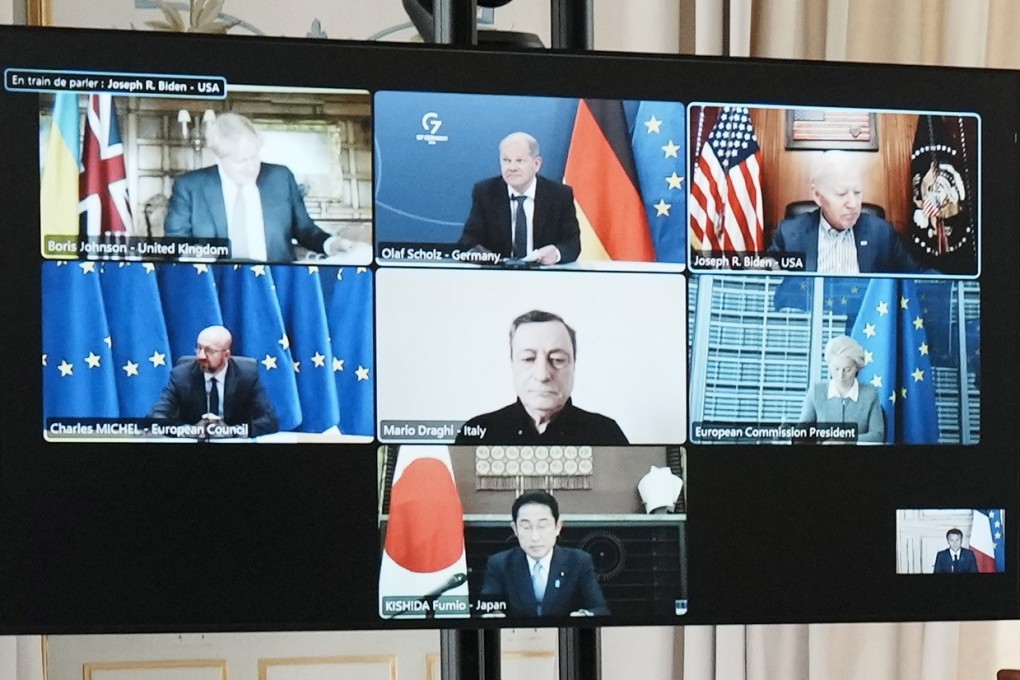 G7 leaders during their video-conference on Ukraine. Photo: EPA-EFE
