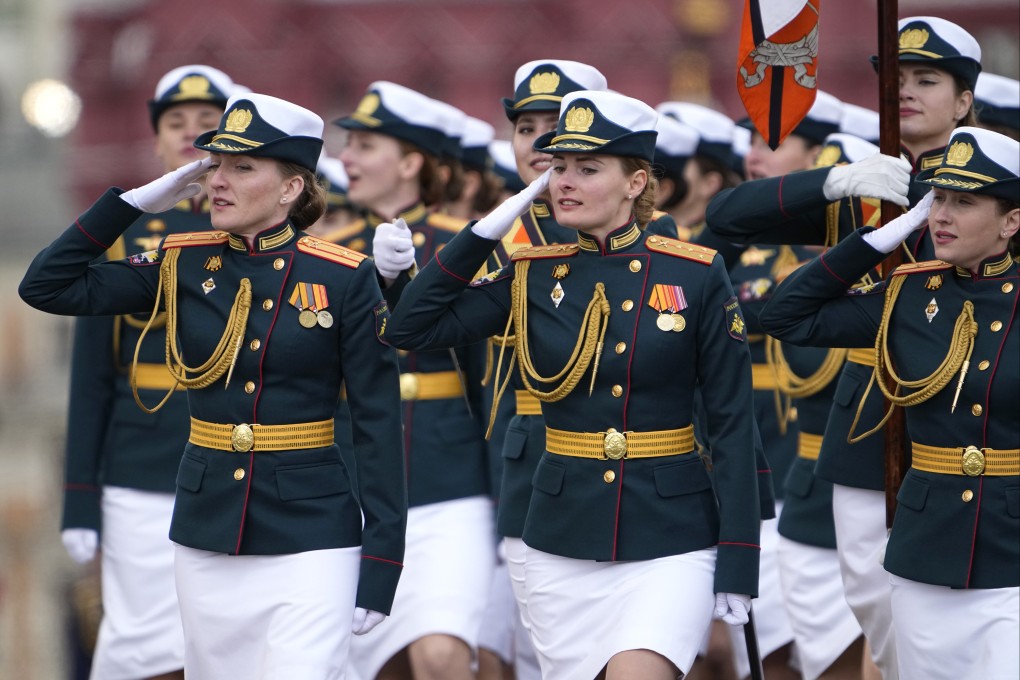 Russian servicewomen march during the Victory Day military parade in Moscow. Photo: AP