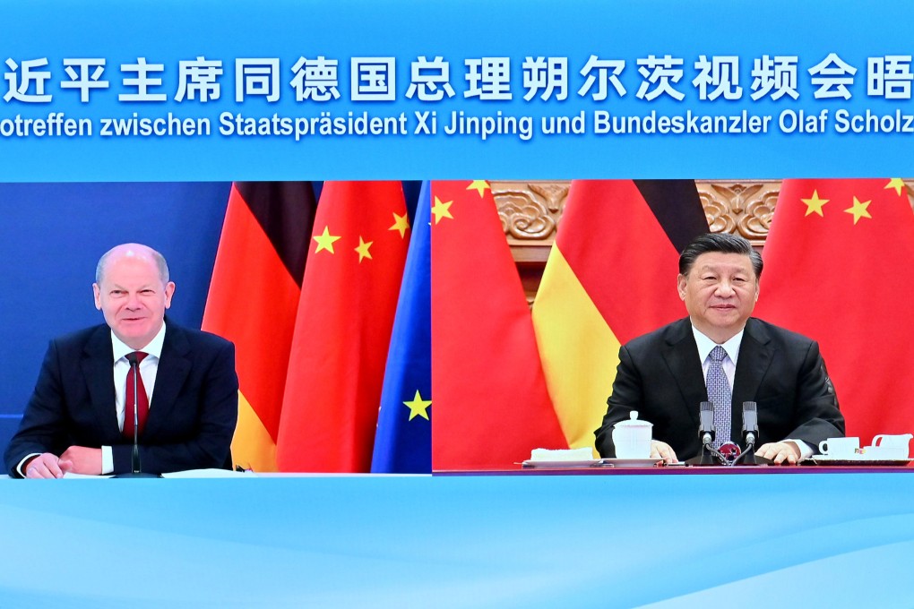 German Chancellor Olaf Scholz and Chinese President Xi Jinping meet via video link on Monday. Photo: Xinhua