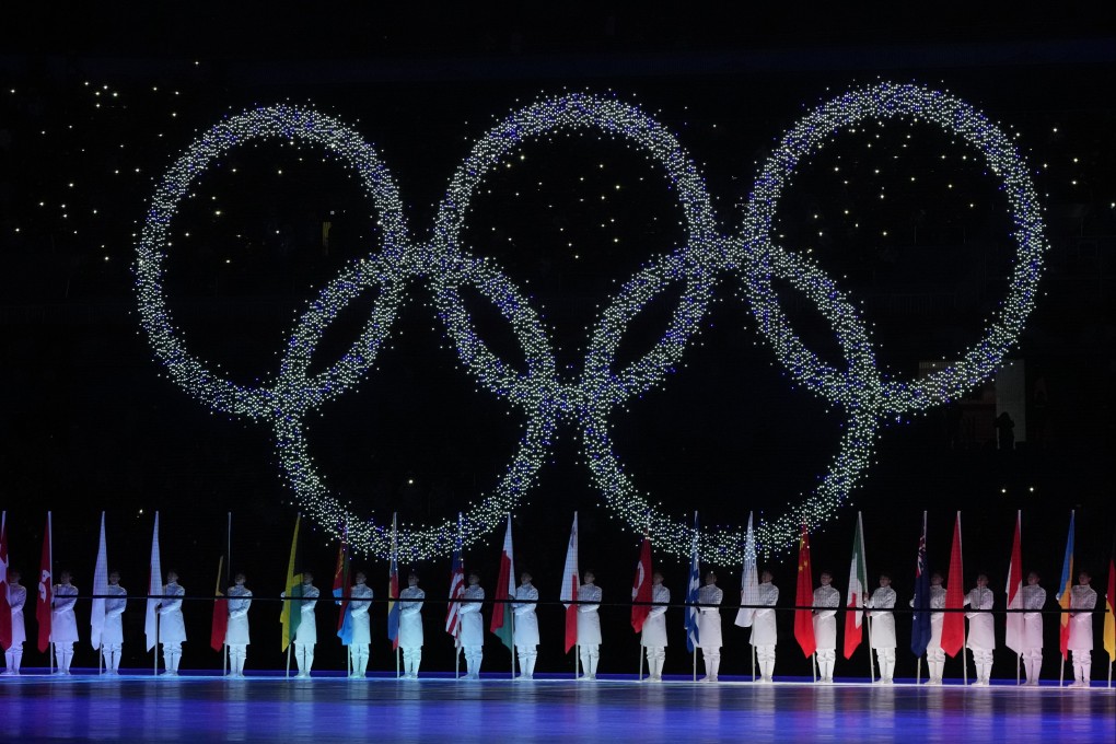 The Olympic rings are seen during the closing ceremony of the 2022 Winter Olympics in Beijing. Photo: AP