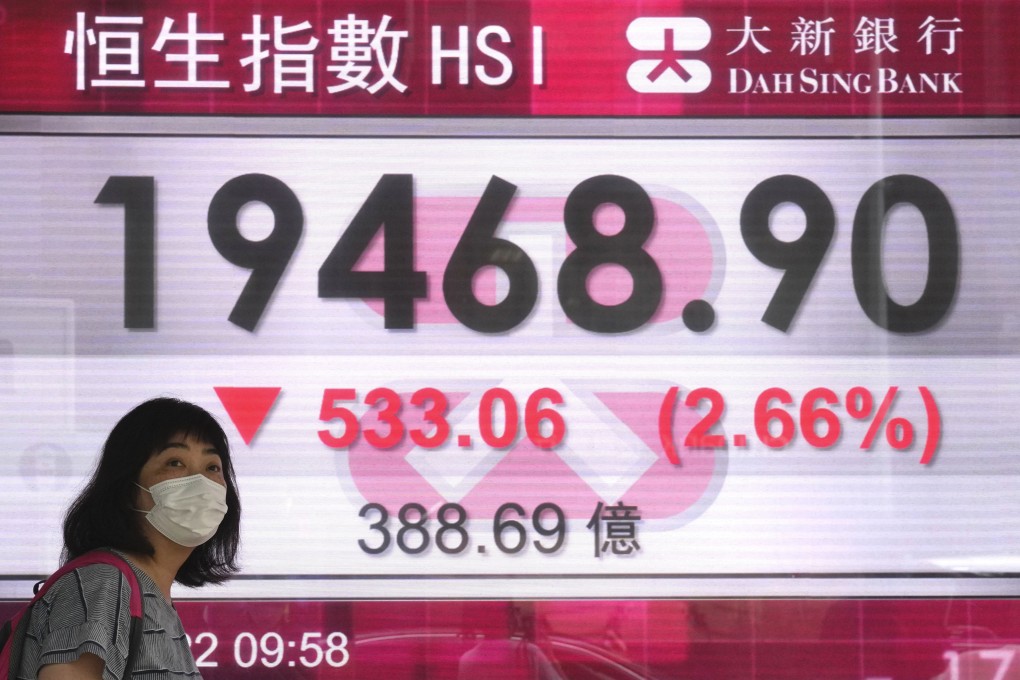 The Hang Seng Index in Hong Kong slumped on Tuesday. Photo: AP