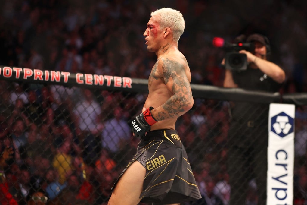 Charles Oliveira celebrates his victory against Justin Gaethje at UFC 274 at Footprint Center. Photo: USA TODAY Sports