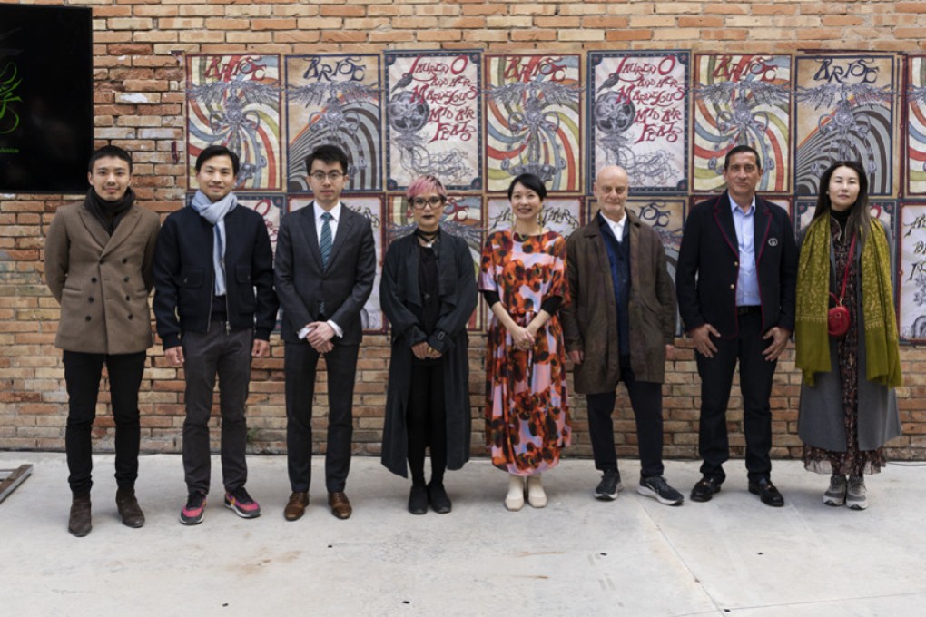 Opening reception of “Angela Su: Arise, Hong Kong in Venice, 2022”, with the artist Angela Su (fourth left) and curator Freya Chou (fourth right), Henry Tsoi, deputy representative of the Hong Kong Economic and Trade Office, Brussels (third from left), Uli Sigg (third from right) and four M+ patrons (from left) Jonathan Cheung, Honus Tandijono, Shane Akeroyd and Yan Du. Photo: T-space studio