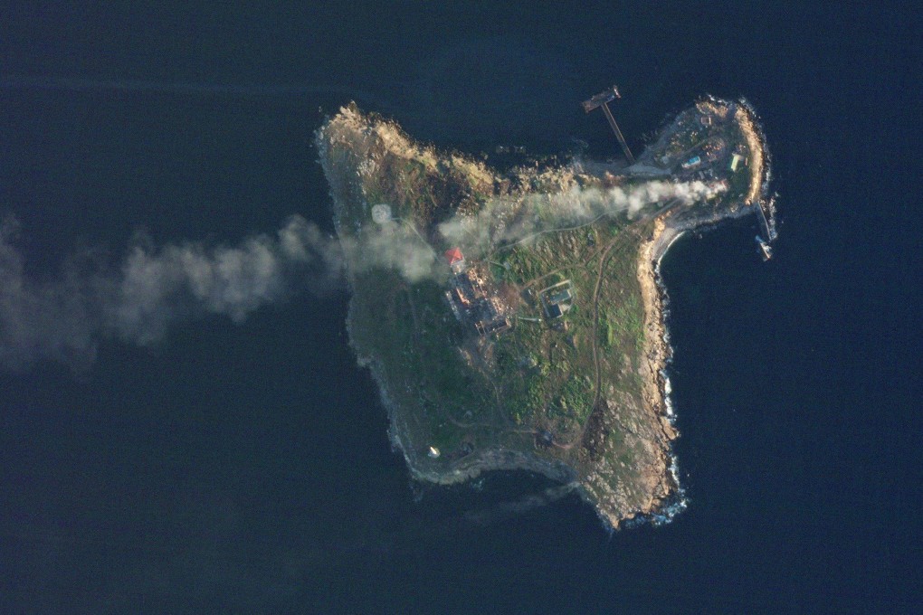 Smoke rising over Snake Island, Ukraine on May 8, 2022. Photo: Planet Labs PBC