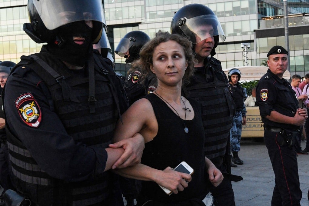 Russian police detain Pussy Riot member Maria Alyokhina during an unauthorised Moscow rally in 2019. Photo: AFP