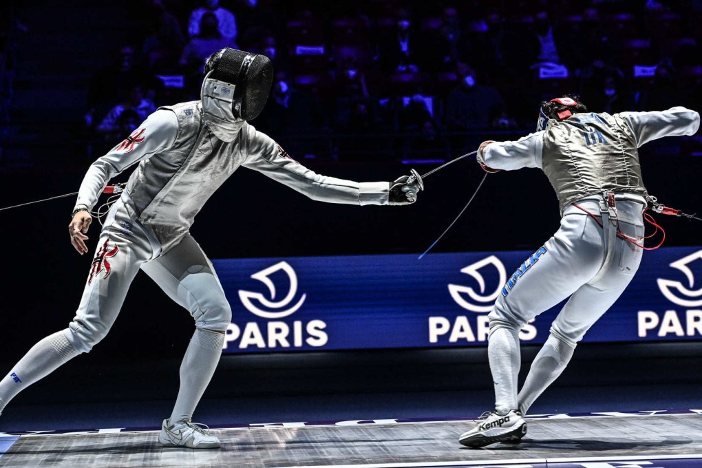 Cheung Ka-long (left) defeats Edoardo Luperi of Italy in the World Cup in Paris early this year. Photo: FIE