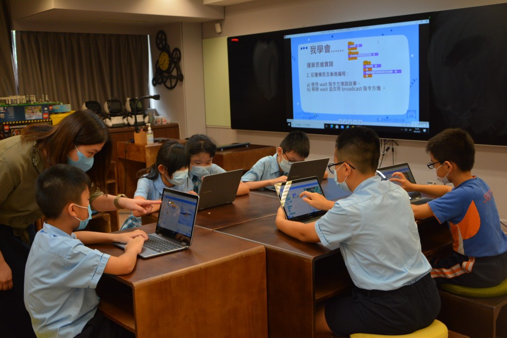Students from St Edward’s Catholic Primary School, a participant in the CoolThink@JC programme, use tools such as Scratch to create animations, which help them learn the basic concepts of computational thinking. Photo: HKJC