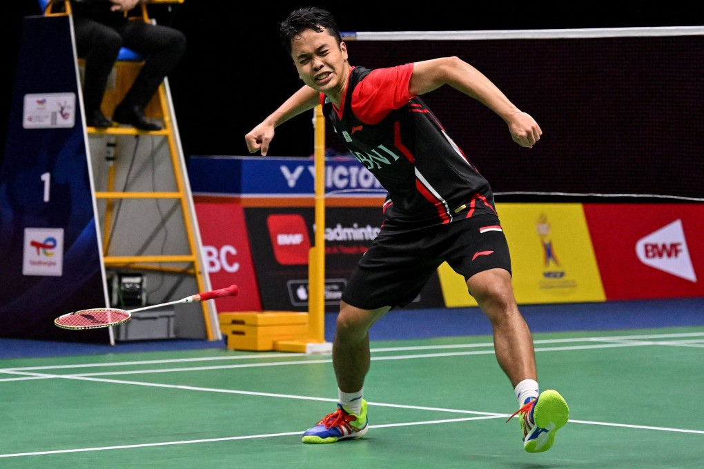 Indonesia’s Anthony Sinisuka Ginting celebrates after beating China’s Zhao Jun Peng in their men’s singles quarter-final match. Photo: AFP