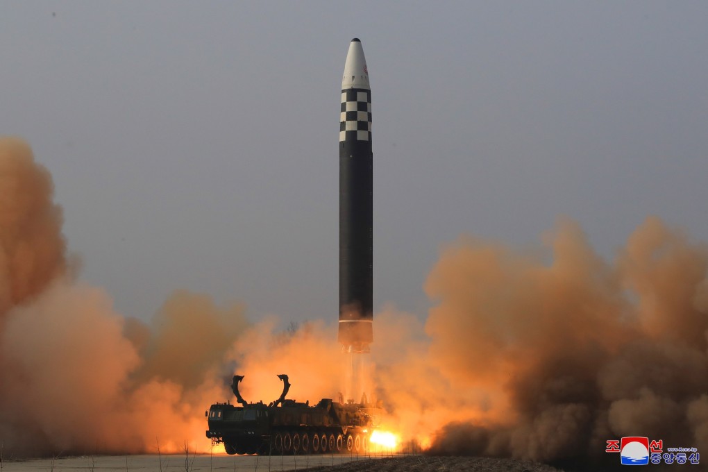 A photo shows the test-launch of a new type of inter-continental ballistic missile Hwasongpho-17 of the DPRK strategic forces that was conducted in March. Photo: EPA-EFE/KCNA