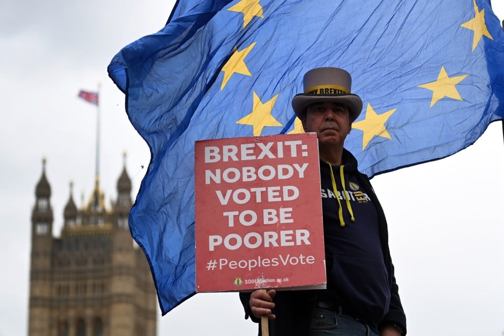 Pro-EU campaigner Steve Bray protests against Brexit outside parliament in London on Wednesday. Photo: EPA-EFE