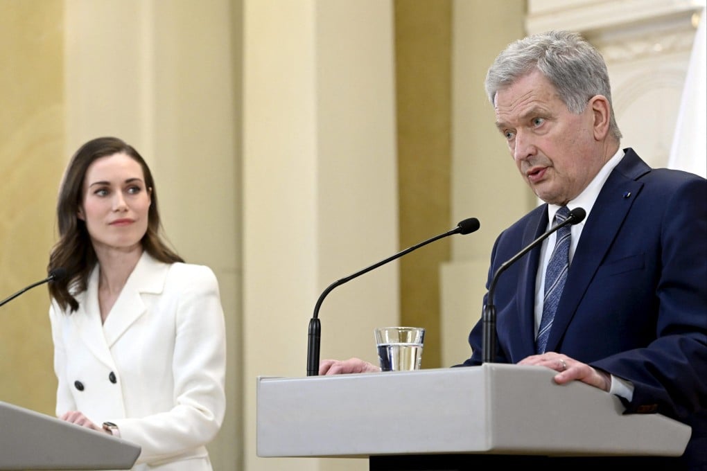 Finland’s President Sauli Niinistö, right, and Prime Minister Sanna Marin at a press conference to announce that Finland will apply for Nato membership. Photo: AFP