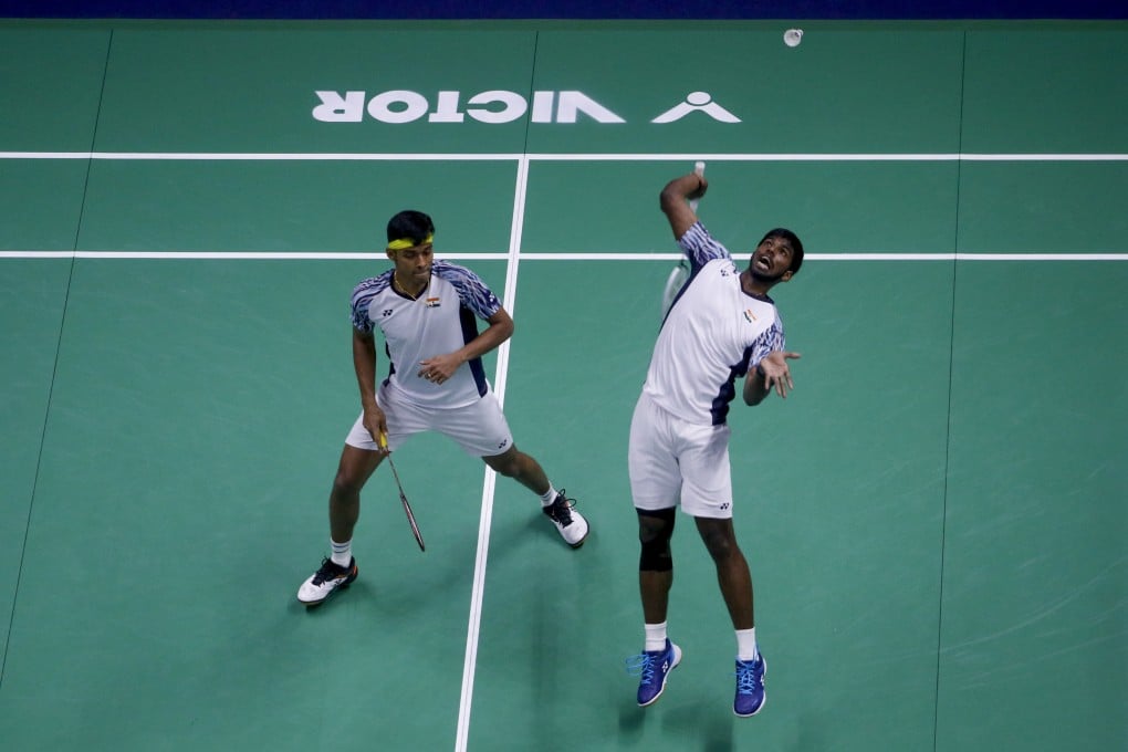 Satwiksairaj Rankireddy (right) and Chirag Shetty of India in action during a men’s doubles finals match. Photo: EPA-EFE