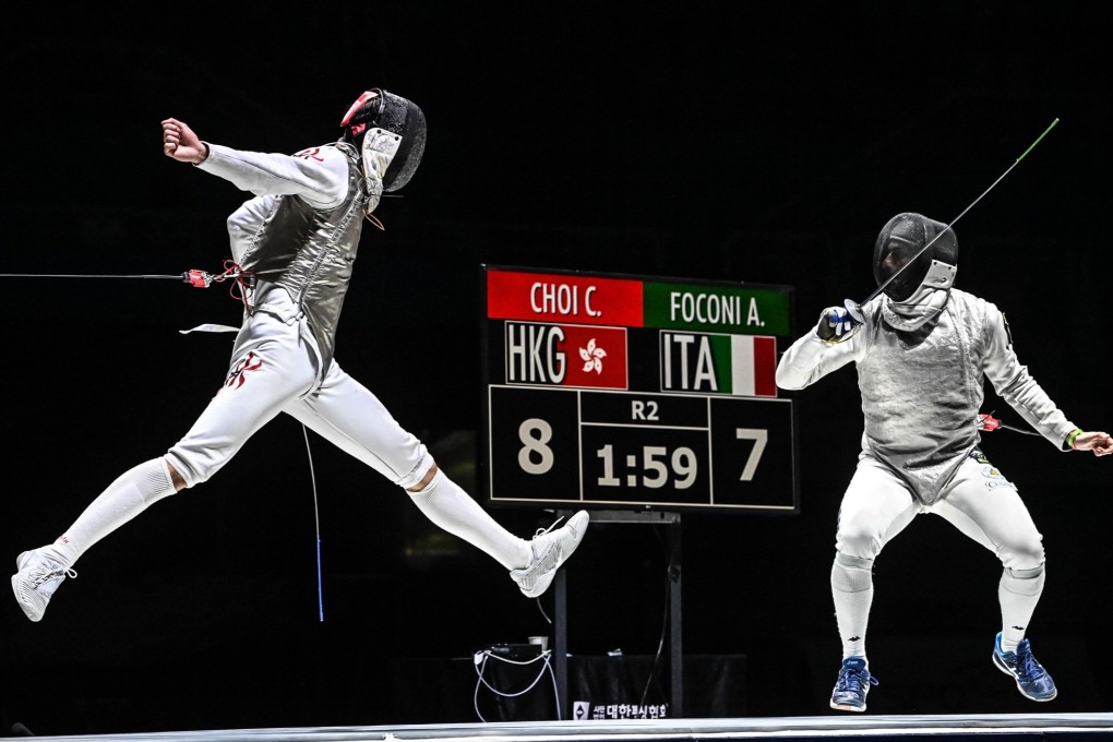 Ryan Choi (left) leaps during his semi-final against former world No 1 Alessio Foconi. Photo: FIE