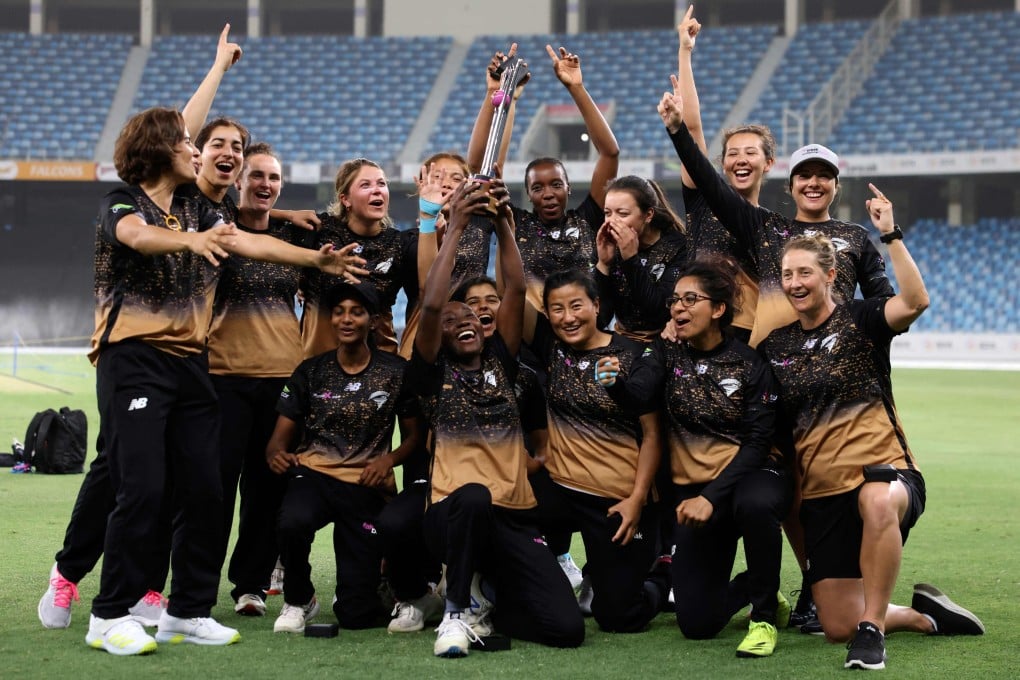 Tornadoes players pose with the trophy after winning the FairBreak Invitational women’s final in Dubai. Photo: AFP