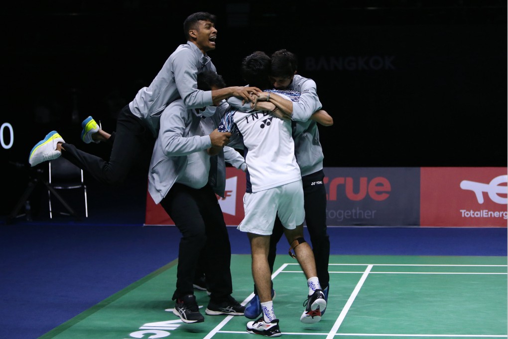 Members of team India celebrate after the last match against Indonesia in the final of the Thomas Cup. Photo: Xinhua